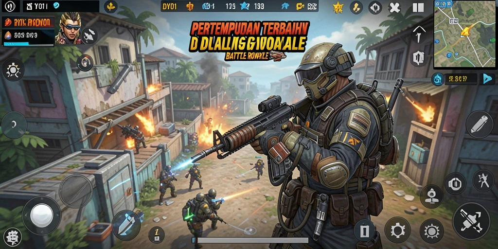 Screenshot gameplay DYO1 menampilkan aksi seru dan lingkungan Battle Royale yang dinamis.