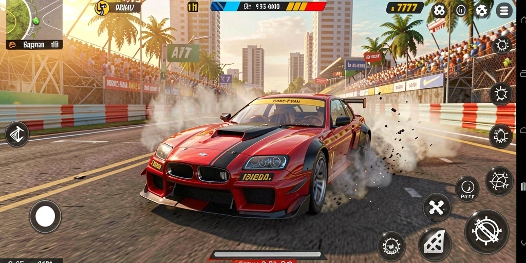 Tampilan gameplay mendebarkan di L777 dengan mobil balap berkecepatan tinggi.