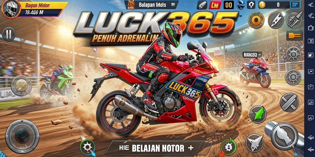 Screenshot gameplay LUCK365 yang menampilkan balapan motor yang seru.