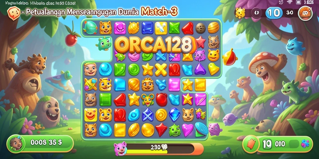 Screenshot ORCA128 menampilkan gameplay Match-3 yang seru dan penuh warna.