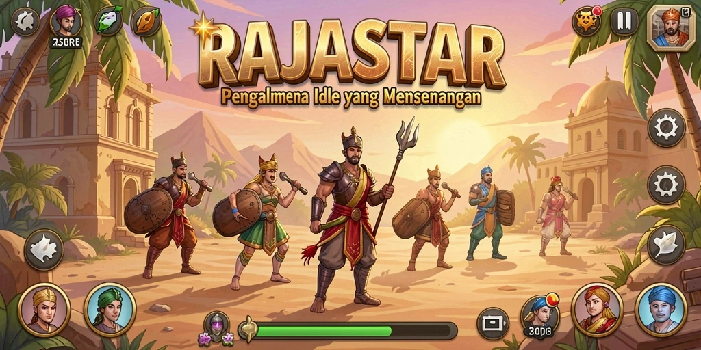 Tampilan gameplay menarik RAJASTAR yang menunjukkan kemajuan Idle.