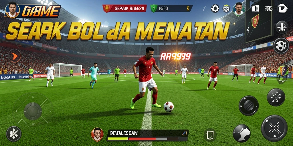 Screenshot gameplay RR999 yang penuh aksi sepak bola.