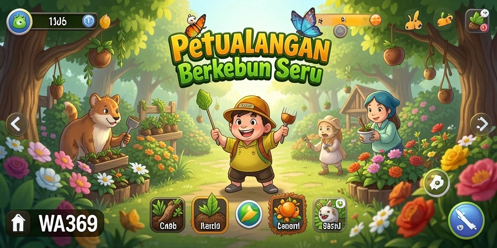 Tangkapan layar dari gameplay WA369 yang menampilkan kebun yang indah dan aktivitas bertani.