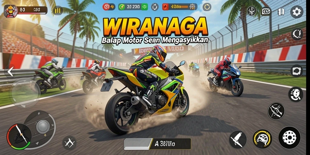 Tampilan gameplay WIRANAGA dengan aksi balap motor yang mendebarkan.